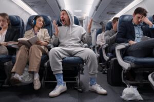 passagers avion bavardages chaussettes retirees