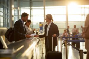 passagers heureux surclassement business aeroport
